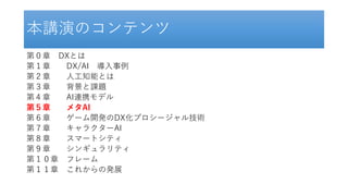 本講演のコンテンツ
第０章 DXとは
第１章 DX/AI 導入事例
第２章 人工知能とは
第３章 背景と課題
第４章 AI連携モデル
第５章 メタAI
第６章 ゲーム開発のDX化プロシージャル技術
第７章 キャラクターAI
第８章 スマートシティ
第９章 シンギュラリティ
第１０章 フレーム
第１１章 これからの発展
 