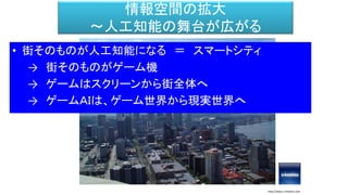 情報空間の拡大
～人工知能の舞台が広がる
http://www.s-hoshino.com
• 街そのものが人工知能になる ＝ スマートシティ
→ 街そのものがゲーム機
→ ゲームはスクリーンから街全体へ
→ ゲームＡＩは、ゲーム世界から現実世界へ
 