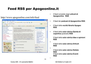 Feed RSS per Apogeonline.it Il feed completo degli  articoli di Apogeonline  RSS Il feed dei  podcast di Apogeonline RSS Il feed delle  novità librarie Apogeo RSS Il feed della  sola rubrica Quinta di copertina  (podcast)  RSS Il feed della  sola rubrica Idee e opinioni RSS Il feed della  sola rubrica Articoli RSS Il feed della  sola rubrica Notizie RSS  Il feed della  sola rubrica Eventi RSS http://www.apogeonline.com/info/feed 