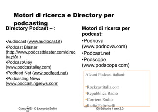 Motori di ricerca e Directory per podcasting Directory Podcast –  : Audiocast ( www.audiocast.it ) Podcast Blaster ( http://www.podcastblaster.com/directory/A/  )  PodcastAlley ( www.podcastalley.com ) Podfeed Net ( www.podfeed.net)   Podcasting News  (www.podcastingnews.com ) Motori di ricerca per podcast: Podnova (www.podnova.com) Podcast.net Podscope (www.podscope.com) © Leonardo Bellini.  Alcuni Podcast italiani: Rockcastitalia.com Repubblica Radio Corriere Radio Radio Feltrinelli 