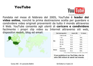 YouTube Fondata nel mese di febbraio del 2005, YouTube è  leader dei video online , nonché la prima destinazione scelta per guardare e condividere video originali provenienti da tutto il mondo attraverso il Web. YouTube consente agli utenti di  caricare e condividere  facilmente i propri clip video su Internet attraverso siti web, dispositivi mobili, blog ed email. 