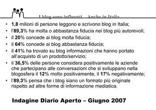 Indagine Diario Aperto – Giugno 2007  1,8  milioni di persone leggono e scrivono blog in Italia; l’ 89,3 % ha molta o abbastanza fiducia nei blog più autorevoli; il  20 % concede ai blog molta fiducia; il  64 % concede ai blog abbastanza fiducia; il  41 % ha trovato su blog informazioni che hanno portato all’acquisto di un prodotto/servizio; il  36,5 % delle persone considera positivamente le aziende che partecipano alle conversazioni che si sviluppano nella blogosfera il  12 % molto positivamente, il  17 % negativamente; l’ 89,3 % pensa che i blog siano un formato più originale rispetto ad altre forme di informazione mediatica. I blog sono influenti .. Anche in Italia 