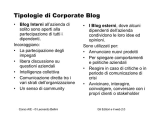Tipologie di Corporate Blog Blog Interni  all’azienda di solito sono aperti alla partecipazione di tutti i dipendenti.  Incoraggiano: La partecipazione degli impegati  libera discussione su questioni aziendali Intelligenza collettiva Comunicazione diretta tra i vari strati dell’organizzazione  Un senso di community I Blog esterni , dove alcuni dipendenti dell’azienda condividono le loro idee ed opinioni. Sono utilizzati per: Annunciare nuovi prodotti Per spiegare comportamenti e politiche aziendali Reagire in caso di critiche o in periodo di comunicazione di crisi Avvicinare, interagire, coinvolgere, conversare con i propri clienti o stakeholder 