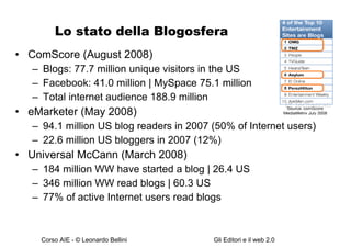 Lo stato della Blogosfera  ComScore (August 2008)  Blogs: 77.7 million unique visitors in the US  Facebook: 41.0 million | MySpace 75.1 million  Total internet audience 188.9 million  eMarketer (May 2008)  94.1 million US blog readers in 2007 (50% of Internet users)  22.6 million US bloggers in 2007 (12%)  Universal McCann (March 2008)  184 million WW have started a blog | 26.4 US  346 million WW read blogs | 60.3 US  77% of active Internet users read blogs  
