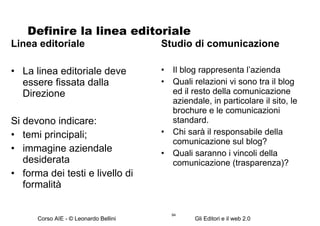 Definire la linea editoriale Linea editoriale La linea editoriale deve essere fissata dalla Direzione Si devono indicare: temi principali; immagine aziendale desiderata forma dei testi e livello di formalità Studio di comunicazione Il blog rappresenta l’azienda Quali relazioni vi sono tra il blog ed il resto della comunicazione aziendale, in particolare il sito, le brochure e le comunicazioni standard. Chi sarà il responsabile della comunicazione sul blog? Quali saranno i vincoli della comunicazione (trasparenza)? 