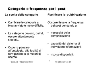 Categorie e frequenza per i post La scelta delle categorie Cambiare le categorie a blog avviato è molto difficile. Le categorie devono, quindi, essere attentamente studiate. Occorre pensare all’ontologia, alla facilità di navigazione e ai motori di ricerca. Pianificare la  pubblicazione Occorre fissare la frequenza dei post pensando a: necessità della comunicazione capacità del sistema di individuare informazioni risorse disponibili. 