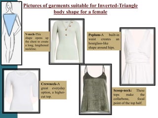 Pictures of garments suitable for Inverted-Triangle
body shape for a female
Peplum-A built-in
waist creates an
hourglass-like
shape around hips.
Scoop-neck: These
tops make the
collarbone, focal
point of the top half.
V-neck-This
shape opens up
the chest to create
a long, lengthened
neckline.
Crewneck-A
great everyday
option, a higher-
cut top.
 