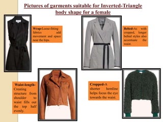Pictures of garments suitable for Inverted-Triangle
body shape for a female
Wrap-Loose-fitting
fabrics add
movement and space
near the hips.
Waist-length-
Creating
structure from
shoulder to
waist fills out
the top half
evenly.
Cropped-A
shorter hemline
helps focus the eye
towards the waist.
Belted-As with
cropped, longer
belted styles also
accentuate the
waist.
 
