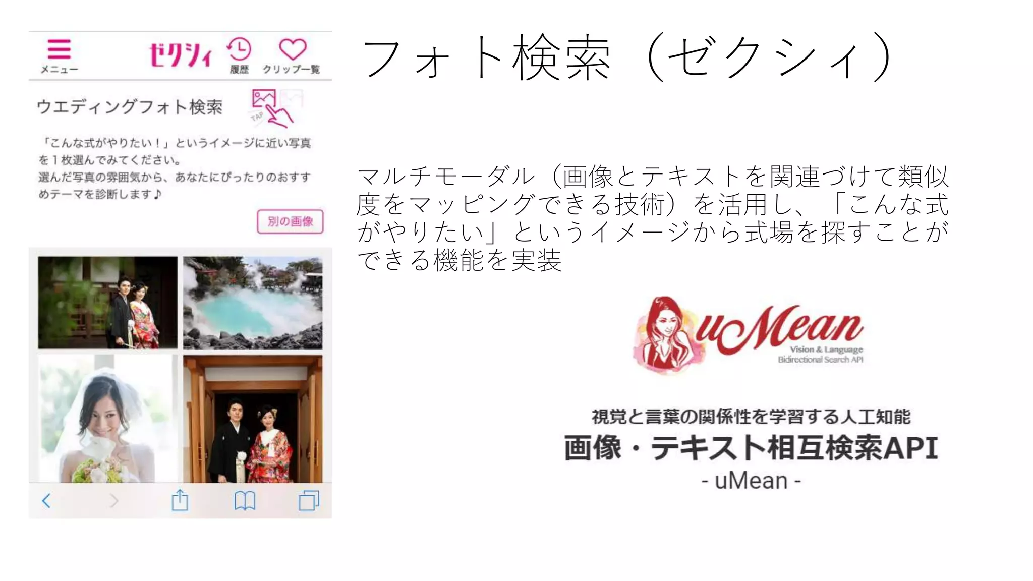 フォト検索（ゼクシィ）
マルチモーダル（画像とテキストを関連づけて類似
度をマッピングできる技術）を活用し、「こんな式
がやりたい」というイメージから式場を探すことが
できる機能を実装
 