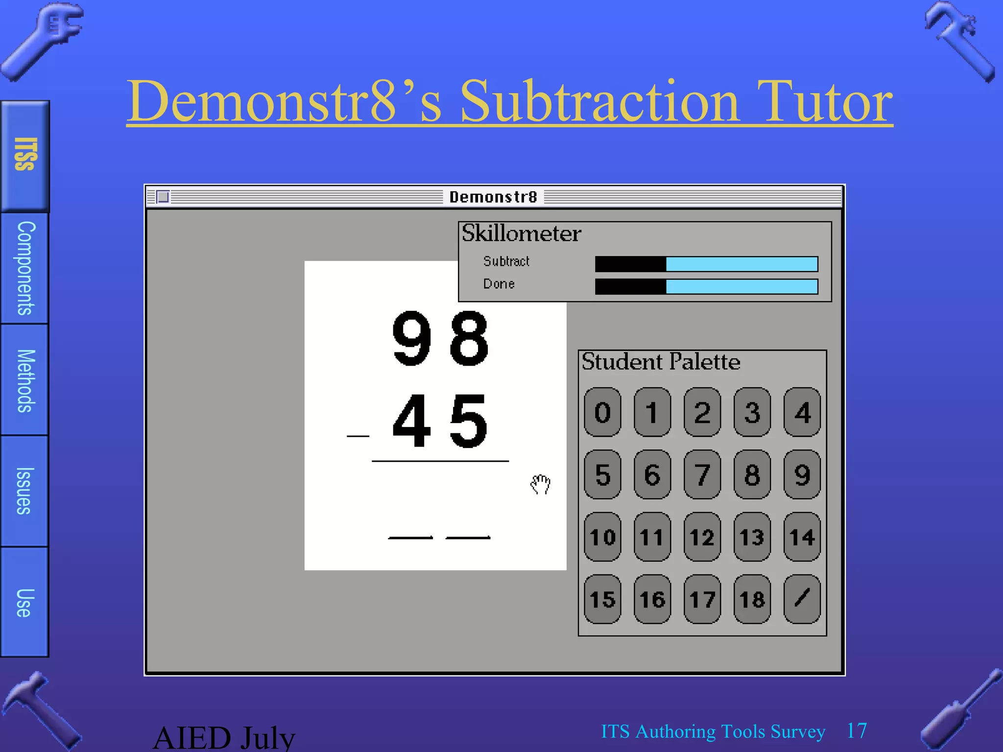 AIED July ITS Authoring Tools Survey 17
Demonstr8’s Subtraction Tutor
 
