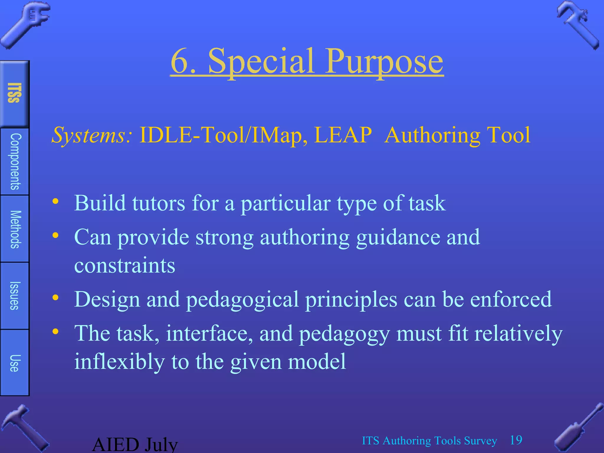 AIED July ITS Authoring Tools Survey 19
6. Special Purpose
Systems: IDLE-Tool/IMap, LEAP Authoring Tool
• Build tutors for a particular type of task
• Can provide strong authoring guidance and
constraints
• Design and pedagogical principles can be enforced
• The task, interface, and pedagogy must fit relatively
inflexibly to the given model
 