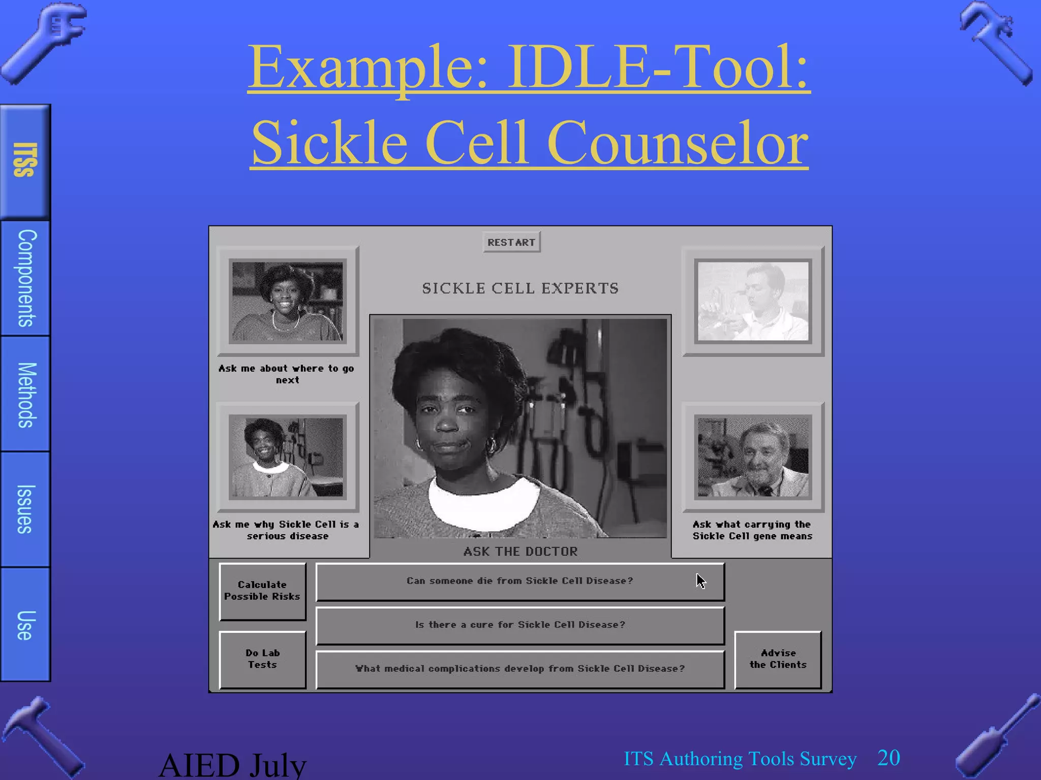 AIED July ITS Authoring Tools Survey 20
Example: IDLE-Tool:
Sickle Cell Counselor
 