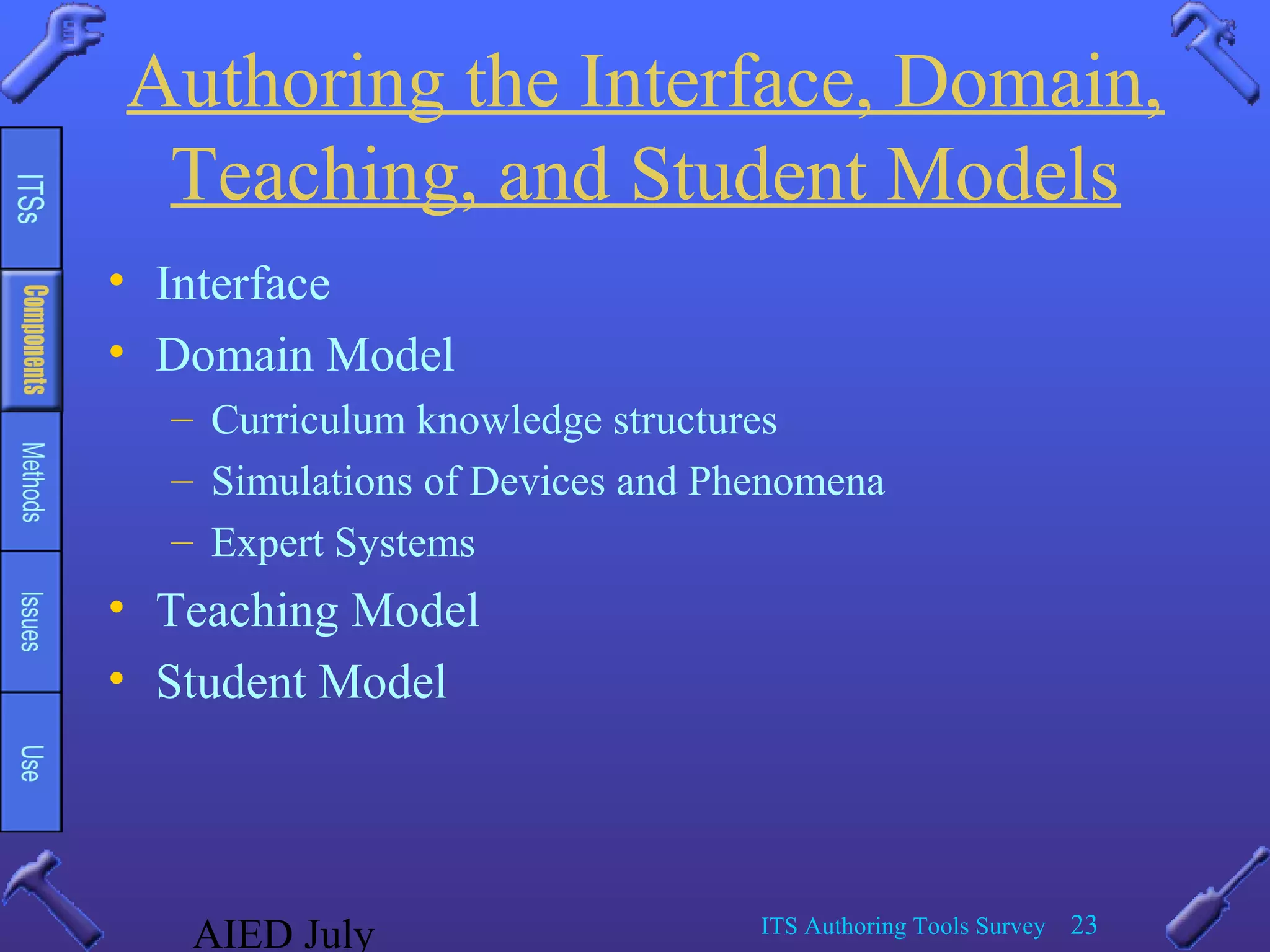 AIED July ITS Authoring Tools Survey 23
Authoring the Interface, Domain,
Teaching, and Student Models
• Interface
• Domain Model
– Curriculum knowledge structures
– Simulations of Devices and Phenomena
– Expert Systems
• Teaching Model
• Student Model
 