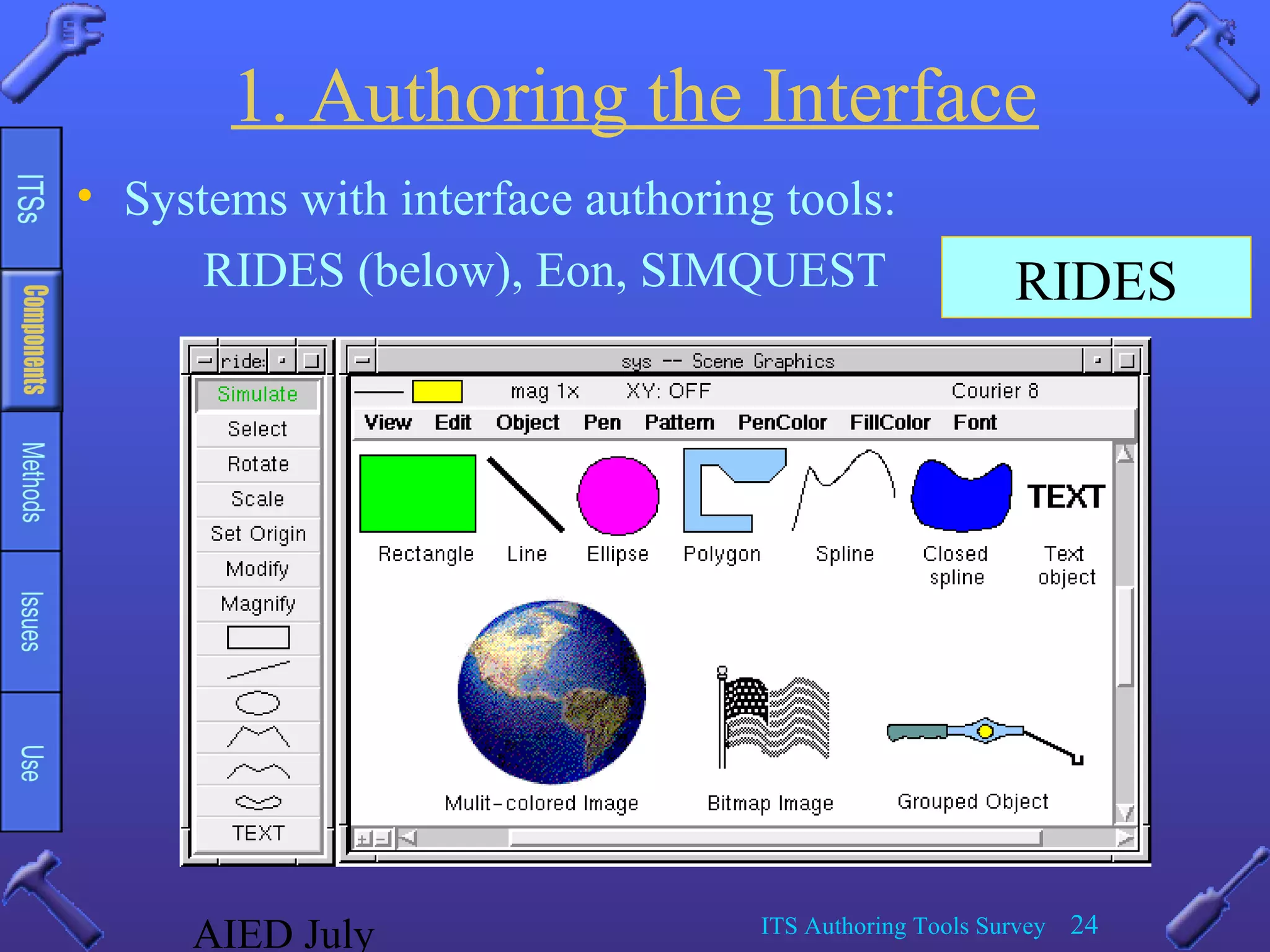 AIED July ITS Authoring Tools Survey 24
1. Authoring the Interface
• Systems with interface authoring tools:
RIDES (below), Eon, SIMQUEST RIDES
 