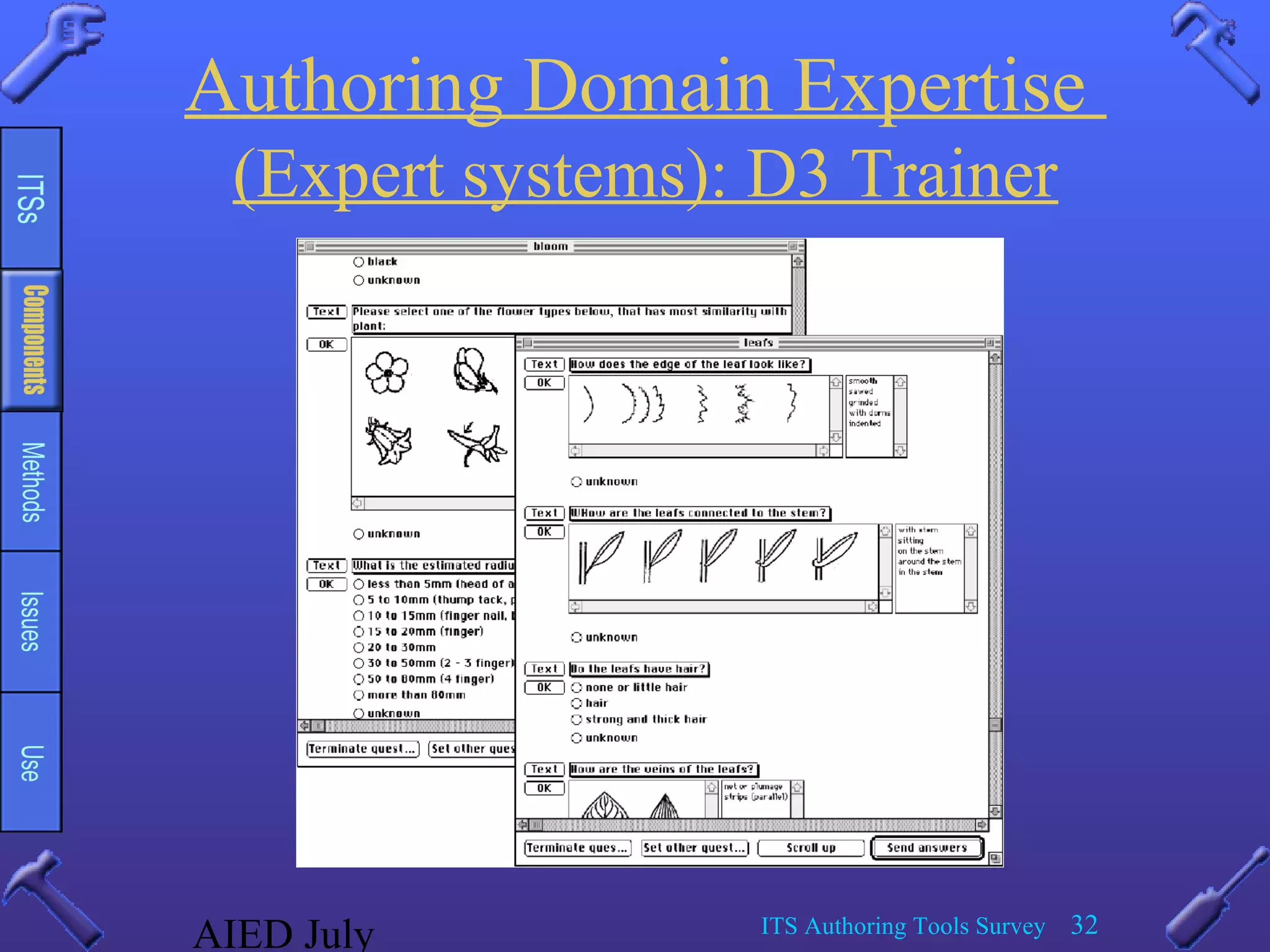 AIED July ITS Authoring Tools Survey 32
Authoring Domain Expertise
(Expert systems): D3 Trainer
 