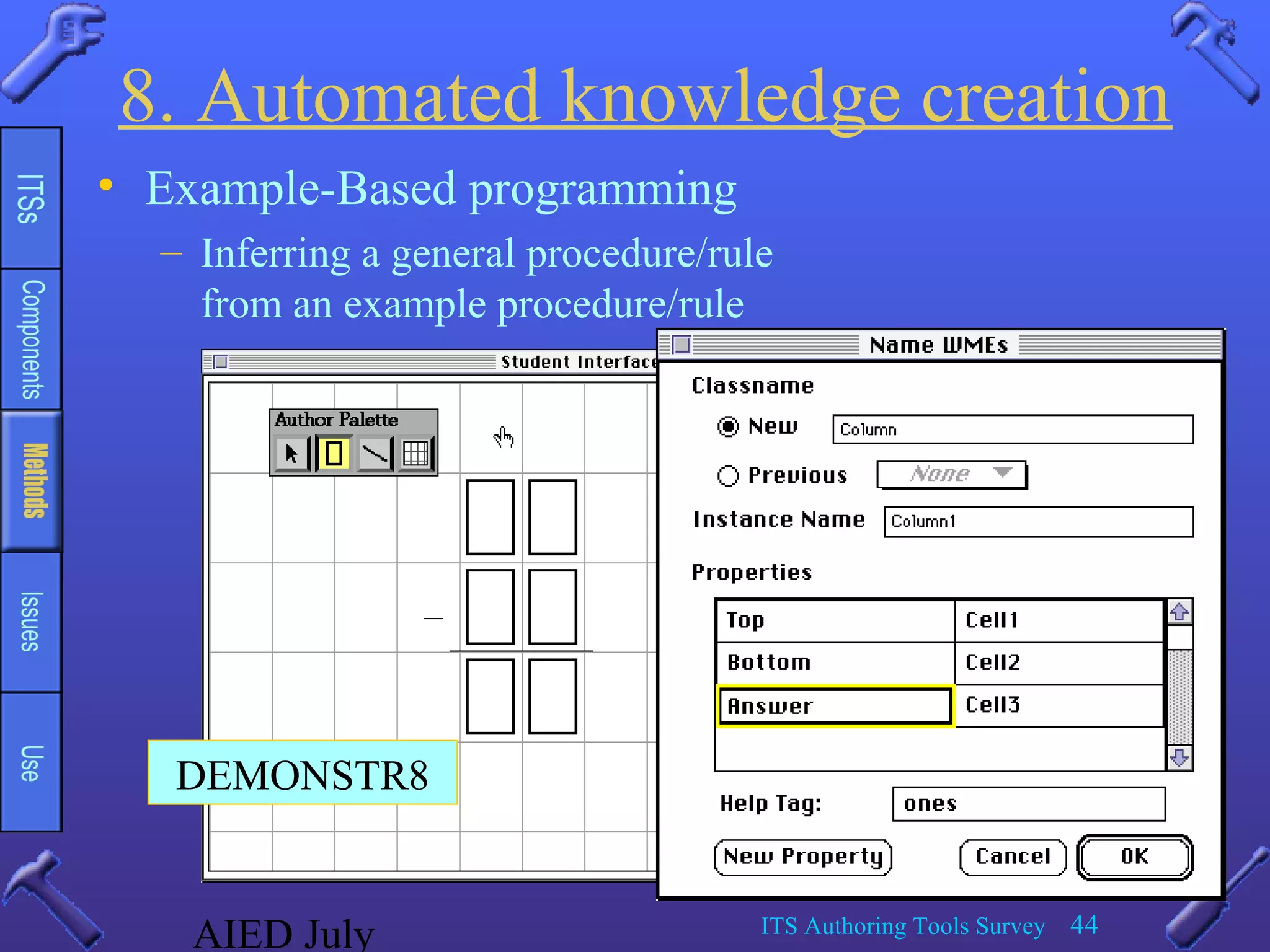 AIED July ITS Authoring Tools Survey 44
8. Automated knowledge creation
• Example-Based programming
– Inferring a general procedure/rule
from an example procedure/rule
DEMONSTR8
 