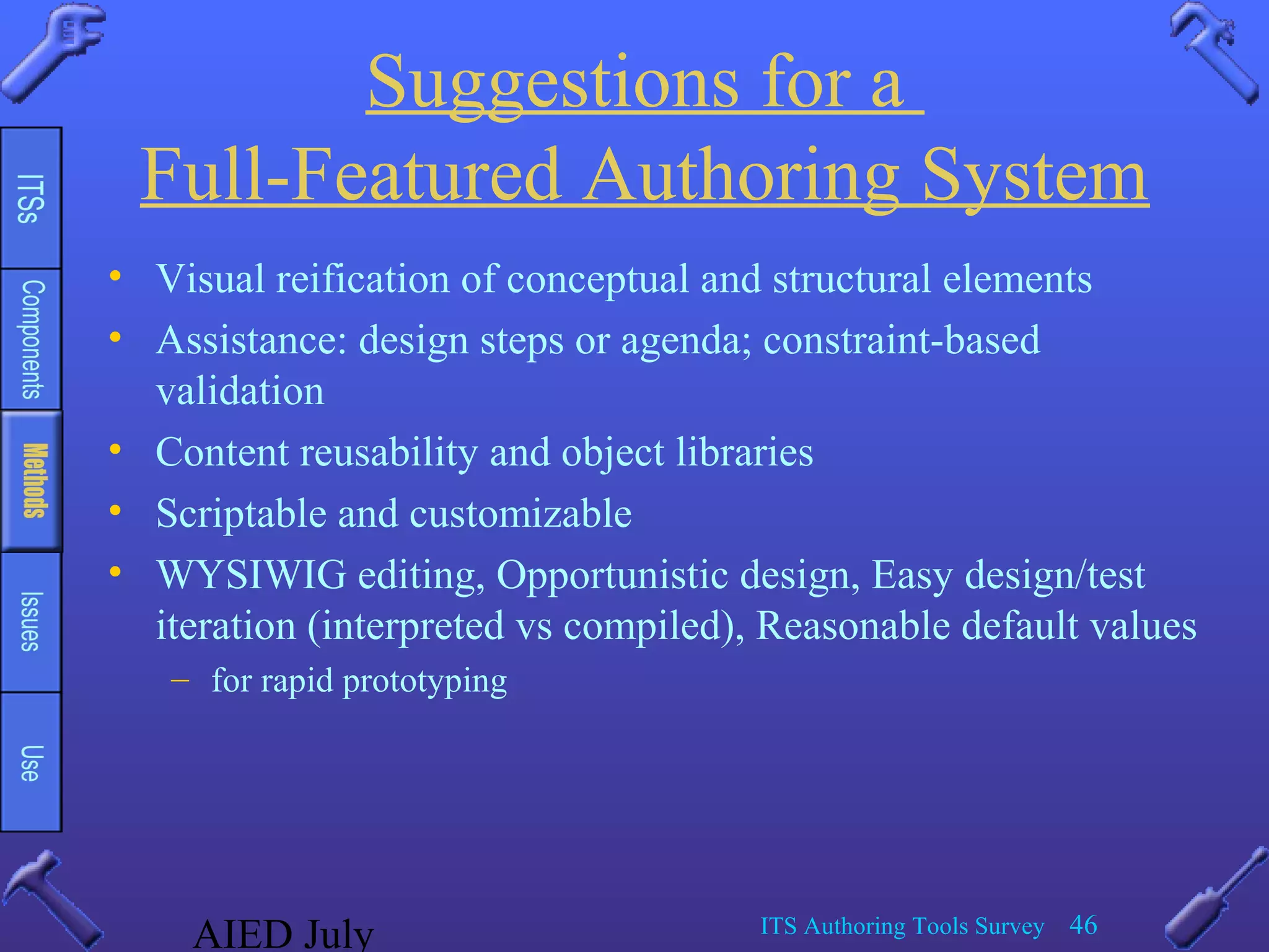 AIED July ITS Authoring Tools Survey 46
Suggestions for a
Full-Featured Authoring System
• Visual reification of conceptual and structural elements
• Assistance: design steps or agenda; constraint-based
validation
• Content reusability and object libraries
• Scriptable and customizable
• WYSIWIG editing, Opportunistic design, Easy design/test
iteration (interpreted vs compiled), Reasonable default values
– for rapid prototyping
 