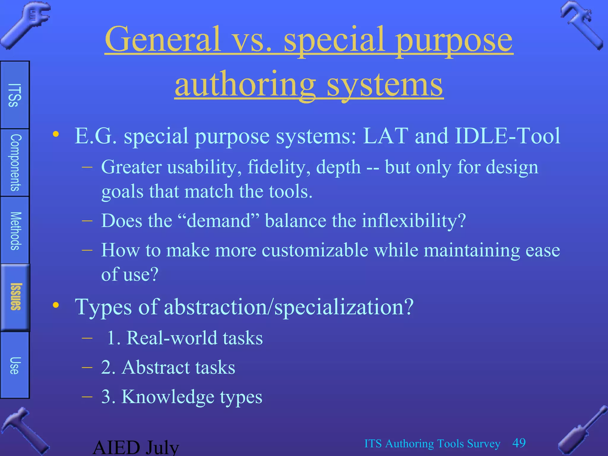 AIED July ITS Authoring Tools Survey 49
General vs. special purpose
authoring systems
• E.G. special purpose systems: LAT and IDLE-Tool
– Greater usability, fidelity, depth -- but only for design
goals that match the tools.
– Does the “demand” balance the inflexibility?
– How to make more customizable while maintaining ease
of use?
• Types of abstraction/specialization?
– 1. Real-world tasks
– 2. Abstract tasks
– 3. Knowledge types
 