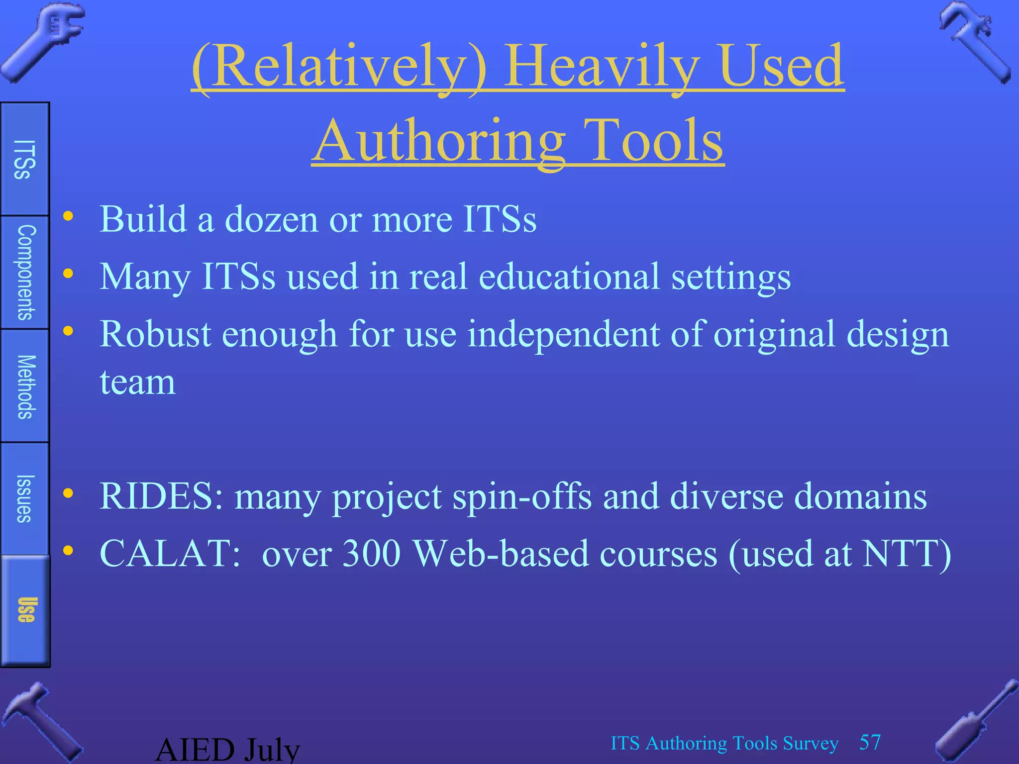 AIED July ITS Authoring Tools Survey 57
(Relatively) Heavily Used
Authoring Tools
• Build a dozen or more ITSs
• Many ITSs used in real educational settings
• Robust enough for use independent of original design
team
• RIDES: many project spin-offs and diverse domains
• CALAT: over 300 Web-based courses (used at NTT)
 