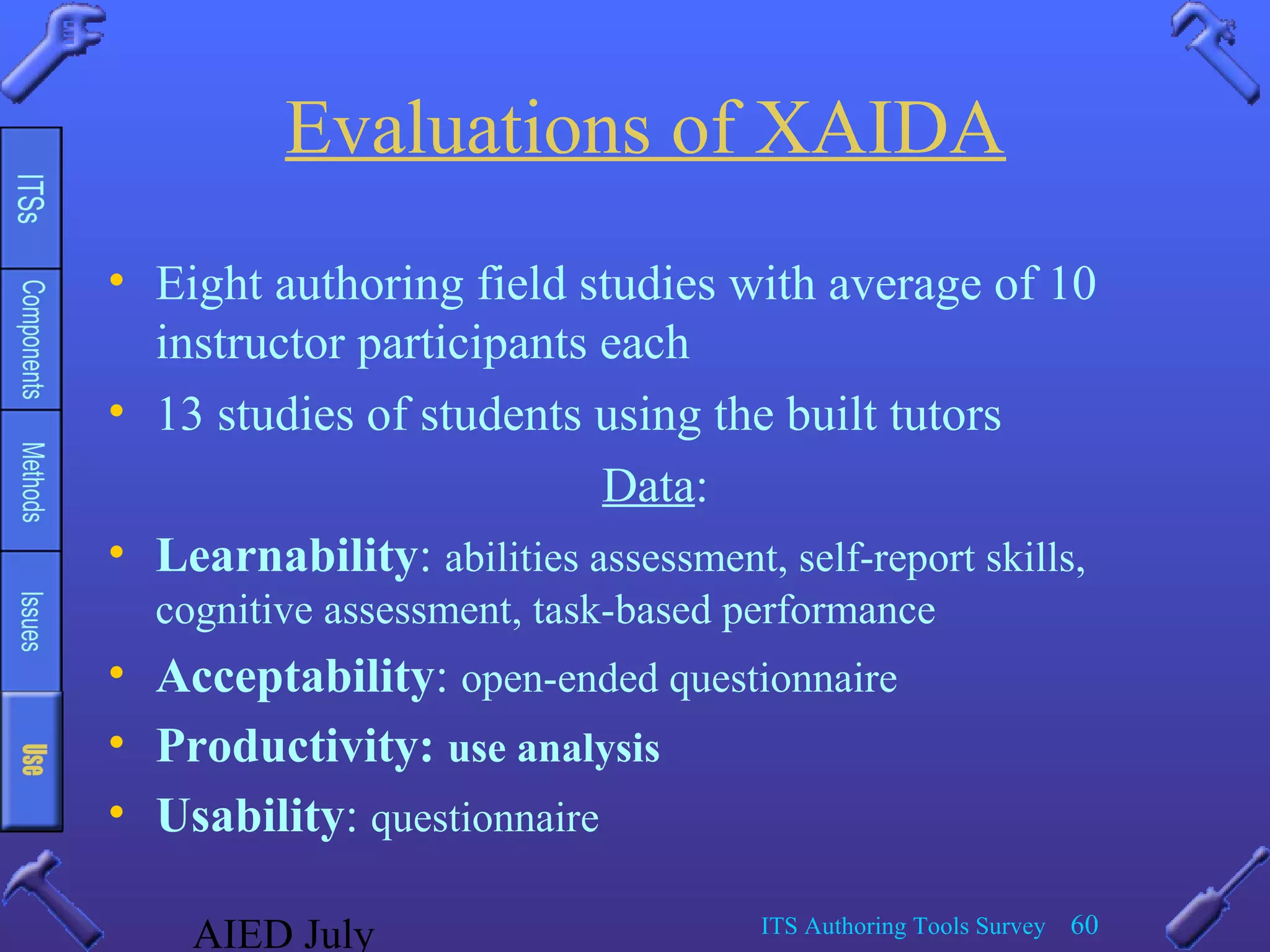 AIED July ITS Authoring Tools Survey 60
Evaluations of XAIDA
• Eight authoring field studies with average of 10
instructor participants each
• 13 studies of students using the built tutors
Data:
• Learnability: abilities assessment, self-report skills,
cognitive assessment, task-based performance
• Acceptability: open-ended questionnaire
• Productivity: use analysis
• Usability: questionnaire
 