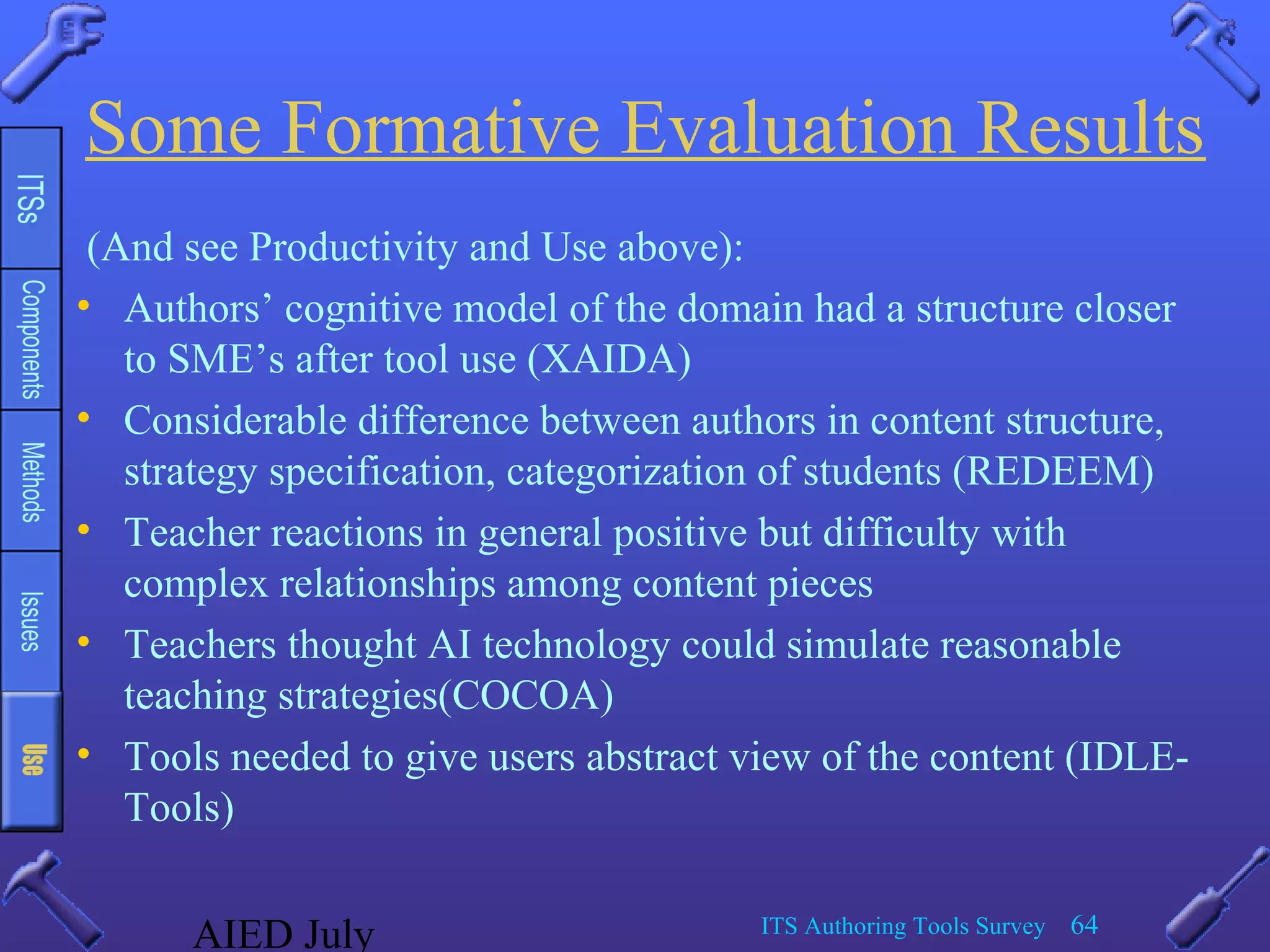 AIED July ITS Authoring Tools Survey 64
Some Formative Evaluation Results
(And see Productivity and Use above):
• Authors’ cognitive model of the domain had a structure closer
to SME’s after tool use (XAIDA)
• Considerable difference between authors in content structure,
strategy specification, categorization of students (REDEEM)
• Teacher reactions in general positive but difficulty with
complex relationships among content pieces
• Teachers thought AI technology could simulate reasonable
teaching strategies(COCOA)
• Tools needed to give users abstract view of the content (IDLE-
Tools)
 