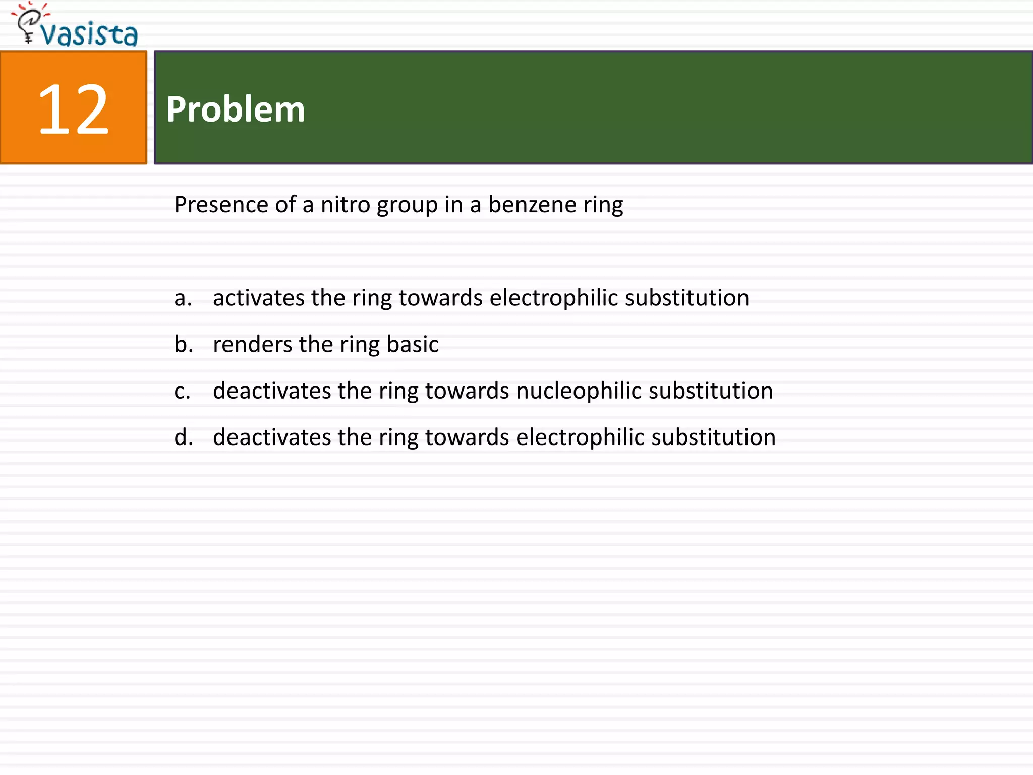 12ProblemPresence of a nitro group in a benzene ringactivates the ring towards electrophilic substitutionrenders the ring basicdeactivates the ring towards nucleophilic substitutiondeactivates the ring towards electrophilic substitution