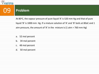 Problem09At 80oC, the vapour pressure of pure liquid ‘A’ is 520 mm Hg and that of pure liquid ‘B’ is 1000 mm  Hg. If a mixture solution of ‘A’ and ‘B’ boils at 80oC and 1 atm pressure, the amount of ‘A’ in the  mixture is (1 atm = 760 mm Hg)52 mol percent 34 mol percent48 mol percent  50 mol percent
