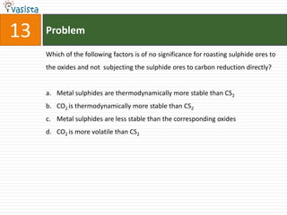 Problem13Which of the following factors is of no significance for roasting sulphide ores to the oxides and not  subjecting the sulphide ores to carbon reduction directly?Metal sulphides are thermodynamically more stable than CS2CO2 is thermodynamically more stable than CS2Metal sulphides are less stable than the corresponding oxidesCO2 is more volatile than CS2
