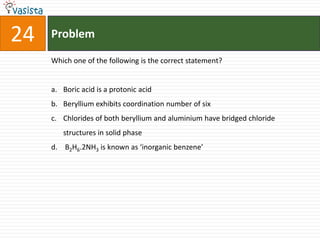 Problem24Which one of the following is the correct statement?Boric acid is a protonic acidBeryllium exhibits coordination number of sixChlorides of both beryllium and aluminium have bridged chloride structures in solid phase B2H6.2NH3 is known as ‘inorganic benzene’