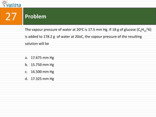 Problem27The vapour pressure of water at 20oC is 17.5 mm Hg. If 18 g of glucose (C6H12O6) is added to 178.2 g  of water at 20oC, the vapour pressure of the resulting solution will be17.675 mm Hg 15.750 mm Hg16.500 mm Hg 17.325 mm Hg