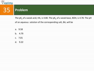 Problem35The pKa of a weak acid, HA, is 4.80. The pKb of a weak base, BOH, is 4.78. The pH of an aqueous  solution of the corresponding salt, BA, will be9.58  4.797.01 9.22
