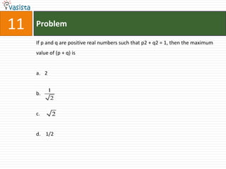 Problem11If p and q are positive real numbers such that p2 + q2 = 1, then the maximum value of (p + q) is2 b.c.d.    1/2