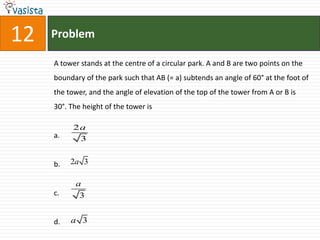 12ProblemA tower stands at the centre of a circular park. A and B are two points on the boundary of the park such that AB (= a) subtends an angle of 60° at the foot of the tower, and the angle of elevation of the top of the tower from A or B is 30°. The height of the tower isa.b.c.d.