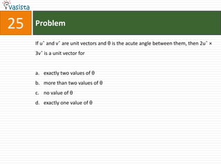 Problem25If uˆ and vˆ are unit vectors and θ is the acute angle between them, then 2uˆ × 3vˆ is a unit vector forexactly two values of θmore than two values of θno value of θ exactly one value of θ