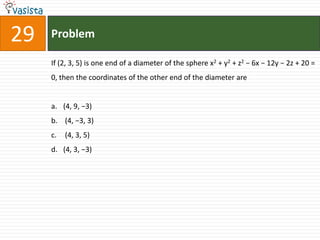 Problem29If (2, 3, 5) is one end of a diameter of the sphere x2 + y2 + z2 − 6x − 12y − 2z + 20 = 0, then the coordinates of the other end of the diameter are(4, 9, −3)  (4, −3, 3) (4, 3, 5)(4, 3, −3)