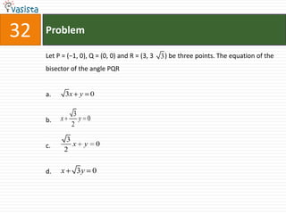 Problem32Let P = (−1, 0), Q = (0, 0) and R = (3, 3       ) be three points. The equation of the bisector of the angle PQRa.b.c.d.