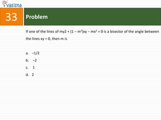 Problem33If one of the lines of my2 + (1 − m2)xy − mx2 = 0 is a bisector of the angle between the lines xy = 0, then m is−1/2  −2 1 2