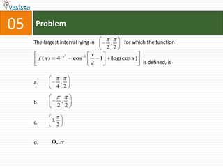 Problem05The largest interval lying in 		 for which the function											                                                                    is defined, isa.b.c.d.