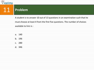 Problem11A student is to answer 10 out of 13 questions in an examination such that he must choose at least 4 from the first five questions. The number of choices available to him is :  140196280346