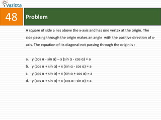 Problem48A square of side a lies above the x-axis and has one vertex at the origin. The side passing through the origin makes an angle  with the positive direction of x-axis. The equation of its diagonal not passing through the origin is :  y (cos α - sin α) – x (sin α - cos α) = ay (cos α + sin α) + x (sin α - cos α) = ay (cos α + sin α) + x (sin α + cos α) = ay (cos α + sin α) + x (cos α - sin α) = a