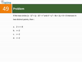 Problem49If the two circles (x - 1)2 + (y - 3)2 = r2 and x2 + y2 – 8x + 2y + 8 = 0 intersect in two distinct points, then :  2 < r < 8r < 2r = 2r > 2