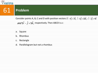 Problem61Consider points A, B, C and D with position vectors                                                                                              respectively. Then ABCD is a :  Square Rhombus Rectangle Parallelogram but not a rhombus 