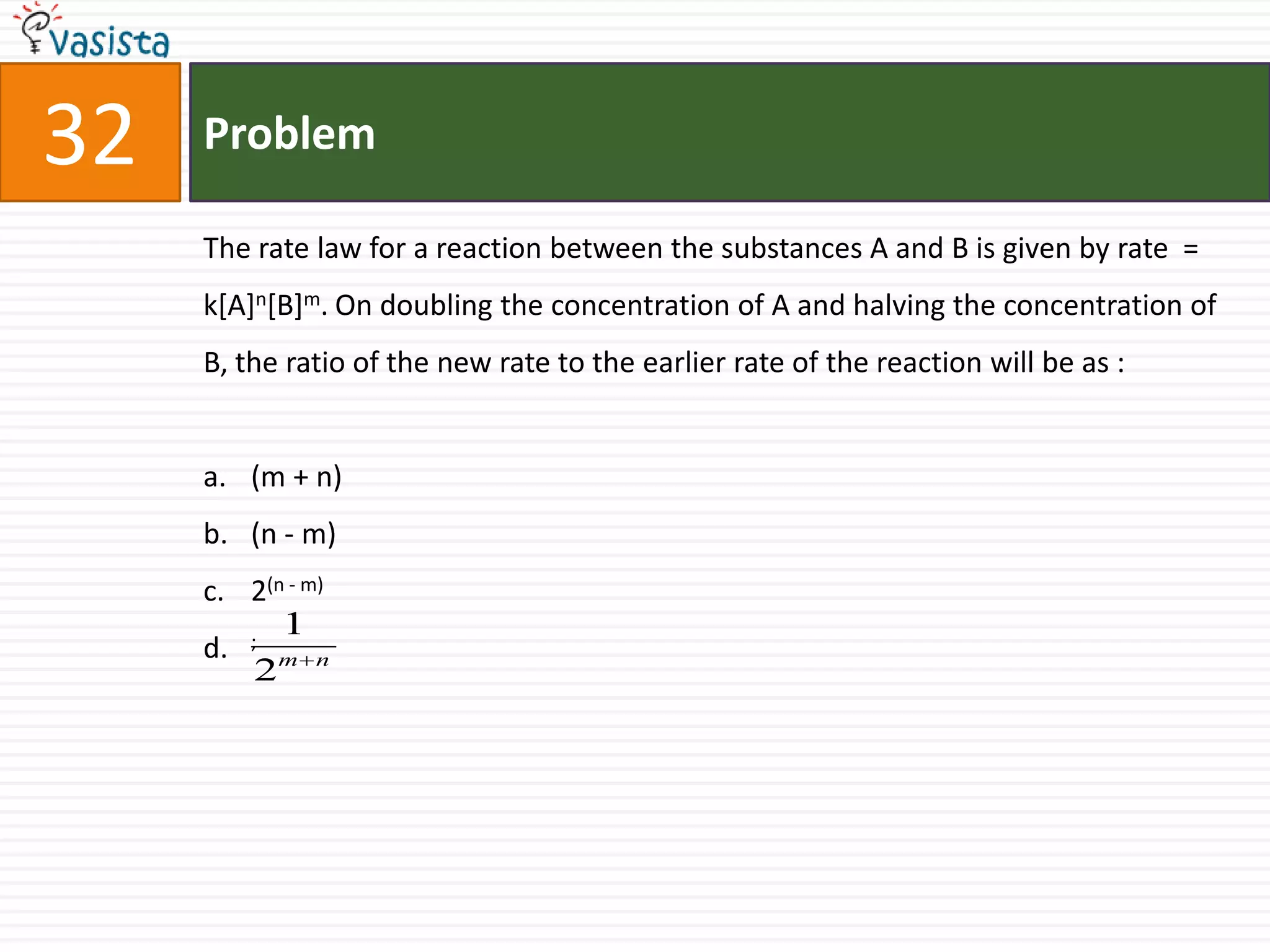 Problem32The rate law for a reaction between the substances A and B is given by rate  = k[A]n[B]m. On doubling the concentration of A and halving the concentration of B, the ratio of the new rate to the earlier rate of the reaction will be as :  (m + n)(n - m)2(n - m);