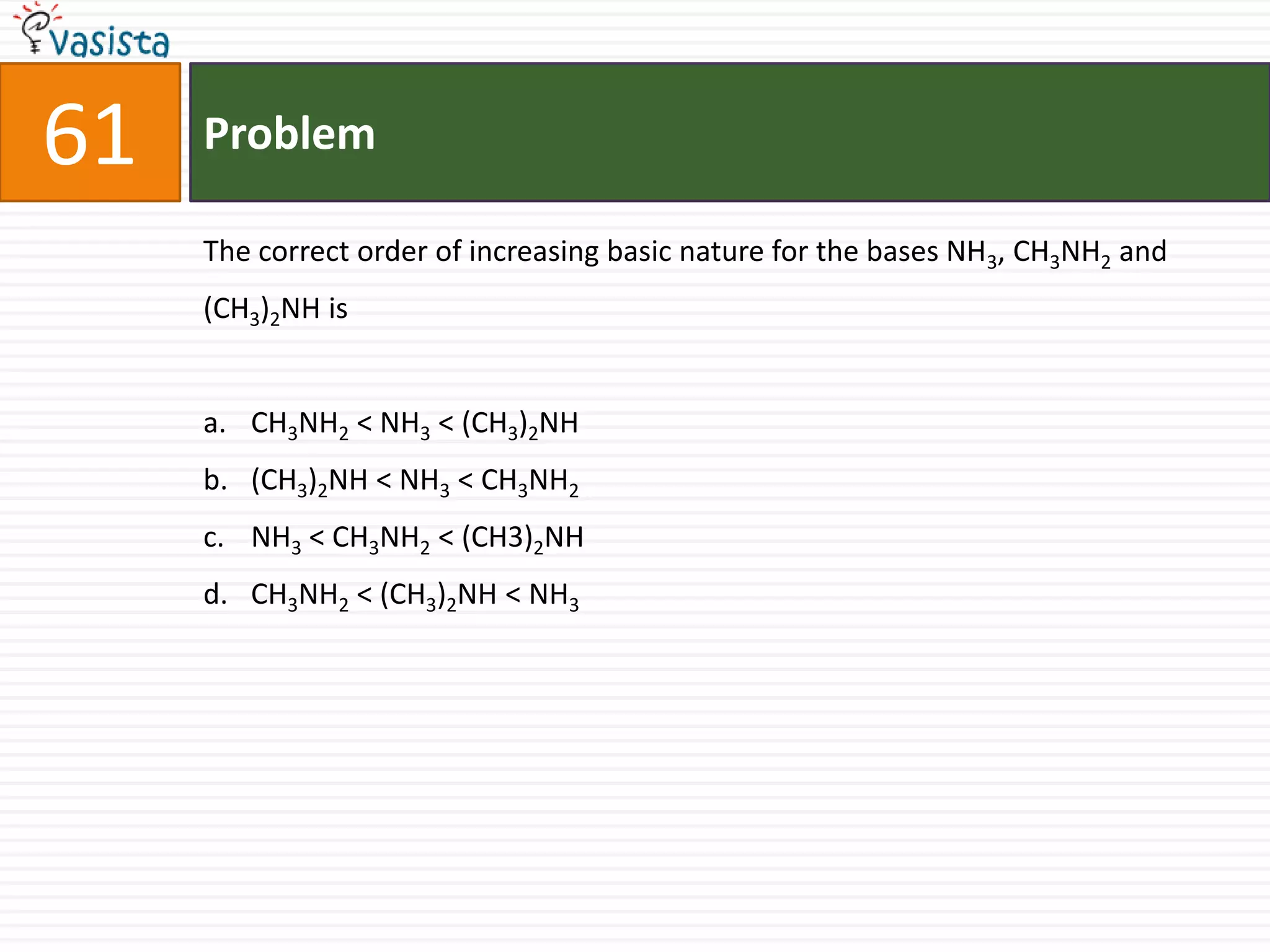 Problem61The correct order of increasing basic nature for the bases NH3, CH3NH2 and (CH3)2NH is   CH3NH2 < NH3 < (CH3)2NH(CH3)2NH < NH3 < CH3NH2NH3 < CH3NH2 < (CH3)2NHCH3NH2 < (CH3)2NH < NH3