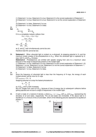 AIEEE−−−−2010−−−−11
(1) Statement-1 is true, Statement-2 is true; Statement-2 is the correct explanation of Statement-1.
(2) Statement-1 is true, Statement-2 is true; Statement-2 is not the correct explanation of Statement-
1
(3) Statement-1 is false, Statement-2 is true.
(4) Statement-1 is true, Statement-2 is false.
33. 1
Sol. m2m1
v1 v2
If it is a completely inelastic collision then
1 1 2 2 1 2m v m v m v m v+ = +
1 1 2 2
1 2
m v m v
v
m m
+
=
+
2 2
1 2
1 2
p p
K.E
2m 2m
= +
as 1 2p and p both simultaneously cannot be zero
therefore total KE cannot be lost.
34. Statement-1 : When ultraviolet light is incident on a photocell, its stopping potential is V0 and the
maximum kinetic energy of the photoelectrons is Kmax. When the ultraviolet light is replaced by X-
rays, both V0 and Kmax increase.
Statement-2 : Photoelectrons are emitted with speeds ranging from zero to a maximum value
because of the range of frequencies present in the incident light.
(1) Statement-1 is true, Statement-2 is true; Statement-2 is the correct explanation of Statement-1.(2)
Statement-1 is true, Statement-2 is true; Statement-2 is not the correct explanation of Statement- 1.
(3) Statement-1 is false, Statement-2 is true.
(4) Statement-1 is true, Statement-2 is false.
34. 4
Sol. Since the frequency of ultraviolet light is less than the frequency of X–rays, the energy of each
incident photon will be more for X–rays
K.E photoelectron = hν − ϕ
Stopping potential is to stop the fastest photoelectron
0
h
V
e e
ν ϕ
= −
so, K.Emax and V0 both increases.
But K.E ranges from zero to K.Emax because of loss of energy due to subsequent collisions before
getting ejected and not due to range of frequencies in the incident light.
35. A ball is made of a material of density ρ where ρoil < ρ < ρwater with ρoil and ρwater representing the
densities of oil and water, respectively. The oil and water are immiscible. If the above ball is in
equilibrium in a mixture of this oil and water, which of the following pictures represents its equilibrium
position ?
(1) (2)
Downloaded from www.EntrancesofIndia.com Engineering | Medical | Law | Fashion | DU | Entrrance NewsDownloaded from www.EntrancesofIndia.com Engineering | Medical | Law | Fashion | DU | Entrance news
 