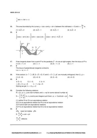 AIEEE−−−−2010−−−−22
1
y
sec x = tan x + c
66. The area bounded by the curves y = cos x and y = sin x between the ordinates x = 0 and x =
3
2
π
is
(1) 4 2 + 2 (2) 4 2 – 1 (3) 4 2 + 1 (4) 4 2 – 2
66. 4
( ) ( ) ( )
5 3
4 4 2
50
4 4
cosx sinx dx sinx cosx dx cosx sinx 4 2 2
π π π
π π
− + − + − = −
cos x sin x
4
π
5
4
π 3
2
π
2π0
π
67. If two tangents drawn from a point P to the parabola y
2
= 4x are at right angles, then the locus of P is
(1) 2x + 1 = 0 (2) x = –1 (3) 2x – 1 = 0 (4) x = 1
67. 2
The locus of perpendicular tangents is directrix
i.e, x = –a; x = –1
68. If the vectors ˆ ˆ ˆ ˆ ˆ ˆ ˆ ˆ ˆa i j 2k, b 2i 4j k and c i j k= − + = + + = λ + + µ are mutually orthogonal, then (λ, µ) =
(1) (2, –3) (2) (–2, 3) (3) (3, –2) (4) (–3, 2)
68. 4
a b 0, b c 0, c a 0⋅ = ⋅ = ⋅ =
2λ + 4 + µ = 0 λ – 1 + 2µ = 0
Solving we get: λ = –3, µ = 2
69. Consider the following relations:
R = {(x, y) | x, y are real numbers and x = wy for some rational number w};
S =
m p
, m, n, p and q are integers such that n, q 0 and qm = pn
n q
≠ . Then
(1) neither R nor S is an equivalence relation
(2) S is an equivalence relation but R is not an equivalence relation
(3) R and S both are equivalence relations
(4) R is an equivalence relation but S is not an equivalence relation
69. 2
xRy need not implies yRx
S:
m p
s
n q
⇔ qm = pn
m m
s
n n
reflexive
Downloaded from www.EntrancesofIndia.com Engineering | Medical | Law | Fashion | DU | Entrrance NewsDownloaded from www.EntrancesofIndia.com Engineering | Medical | Law | Fashion | DU | Entrance news
 
