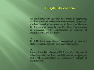 Eligibility criteria
No candidate, with less than 50% marks in aggregate,
shall be admitted to the architecture course unless he/
she has passed an examination at the end of the new
10+2 scheme of Senior School Certificate Examination
or equivalent with Mathematics as subjects of
examination at the 10+2 level.
or
10+3 Diploma (any stream) recognised by Central/
State Governments with 50% aggregate marks.
or
International Baccalaureate Diploma, after 10 years of
schooling, with not less than 50% marks in aggregate
and with Mathematics as compulsory subject of
examination.
 