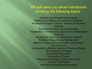 We will send you seven handbooks
covering the following topics :
Aesthetic Sensitivity& Drawing Ability
Buildings of Architectural Importance Worldwide
Architectural Graphic symbols, Textures and Building
materials
Renowned Architects and Personalities
Visualization: 3 Dimensional objects from 2 Dimensional
Drawings
Visualization: Sides of 3 Dimensional Objects
Analytical Reasoning and Mental ability
Skills on 2 dimensional composition using shapes
Use of textures
Introduction to effects of Light and Shade on Objects
Techniques on Rendering
Scales and Proportions
Application of Colors
Perspective drawings (1 point and 2 point)
Previous Year Papers
Memory sketches based on themes
 