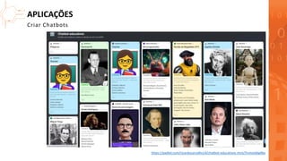 APLICAÇÕES
https://padlet.com/ricardocarvalho14/chatbot-educativos-mciy75vmxzbkg4bv
Criar Chatbots
 