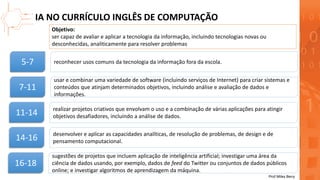 Objetivo:
ser capaz de avaliar e aplicar a tecnologia da informação, incluindo tecnologias novas ou
desconhecidas, analiticamente para resolver problemas
IA NO CURRÍCULO INGLÊS DE COMPUTAÇÃO
5-7 reconhecer usos comuns da tecnologia da informação fora da escola.
7-11
usar e combinar uma variedade de software (incluindo serviços de Internet) para criar sistemas e
conteúdos que atinjam determinados objetivos, incluindo análise e avaliação de dados e
informações.
11-14 realizar projetos criativos que envolvam o uso e a combinação de várias aplicações para atingir
objetivos desafiadores, incluindo a análise de dados.
14-16 desenvolver e aplicar as capacidades analíticas, de resolução de problemas, de design e de
pensamento computacional.
16-18
sugestões de projetos que incluem aplicação de inteligência artificial; investigar uma área da
ciência de dados usando, por exemplo, dados de feed do Twitter ou conjuntos de dados públicos
online; e investigar algoritmos de aprendizagem da máquina.
Prof Miles Berry
 